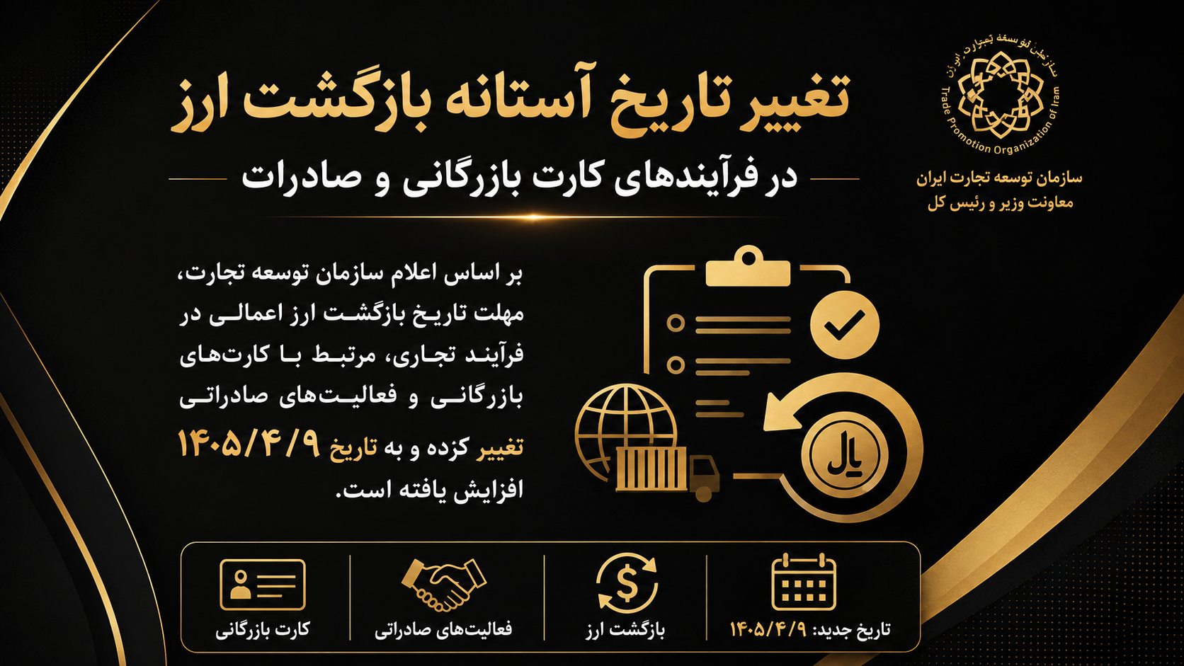 تغییر تاریخ آستانه بازگشت ارز در فرایندهای کارت بازرگانی و صادرات