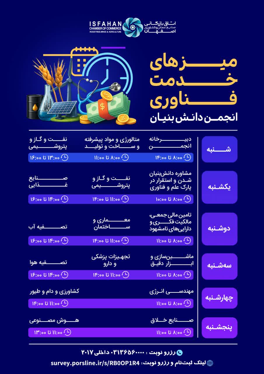 یادآوری ثبت‌نام میزهای خدمت فناوری انجمن شرکت‌های دانش‌بنیان و فناور استان اصفهان
