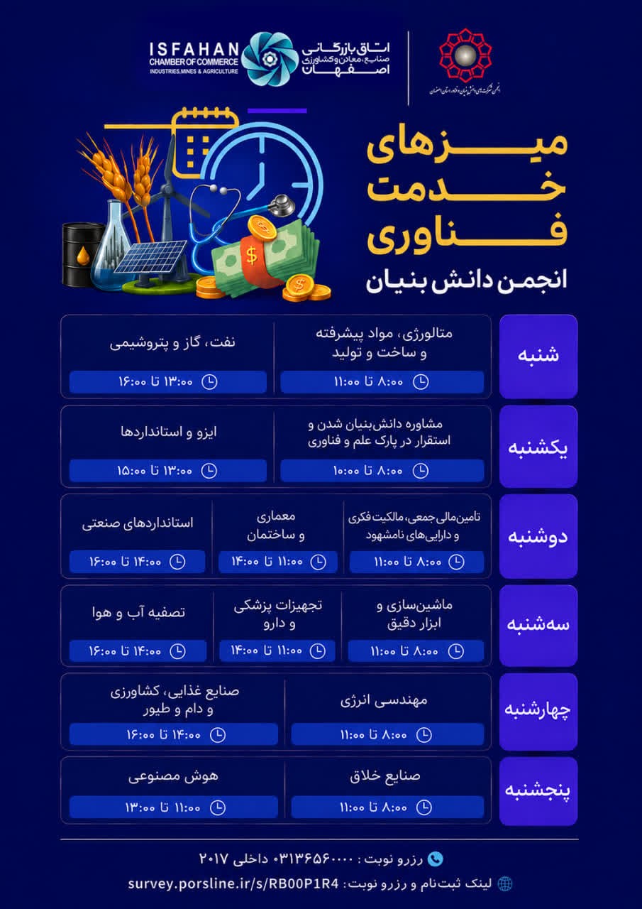 | یادآوری ثبت‌نام میزهای خدمت فناوری انجمن شرکت‌های دانش‌بنیان و فناور استان اصفهان